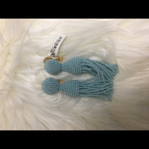 Oscar De La Renta Blue Short Beaded Tassel Earr - Picture 2 of 3